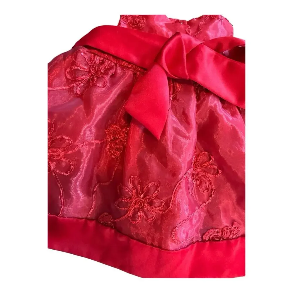 1st Christmas Dress Girls Infants Sz 6-9 Mo. Red Back Tie/‎ Button Christmas EUC